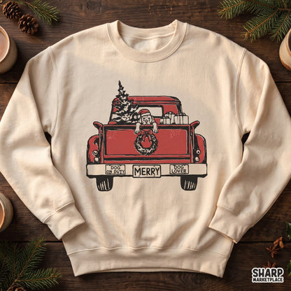 Vintage red truck holiday puppy Christmas PNG shirt design for dog lovers and festive winter apparel