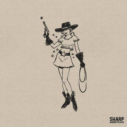 Hand-drawn charcoal sketch of a vintage cowgirl holding a pistol and lasso, surrounded by stars, perfect for western-themed apparel.