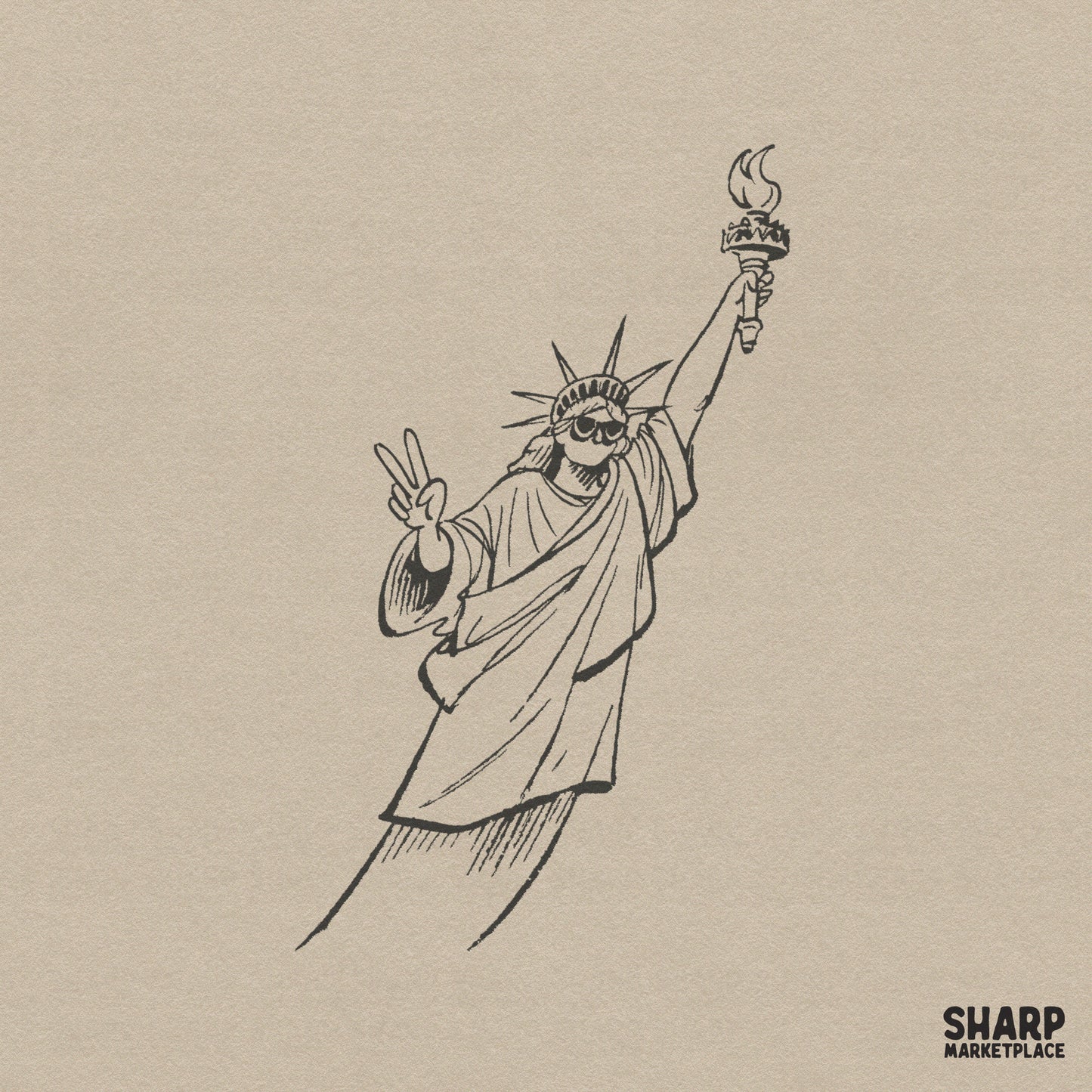 Vintage black and white line art illustration of a famous American monument wearing sunglasses and making a peace sign gesture with a torch.