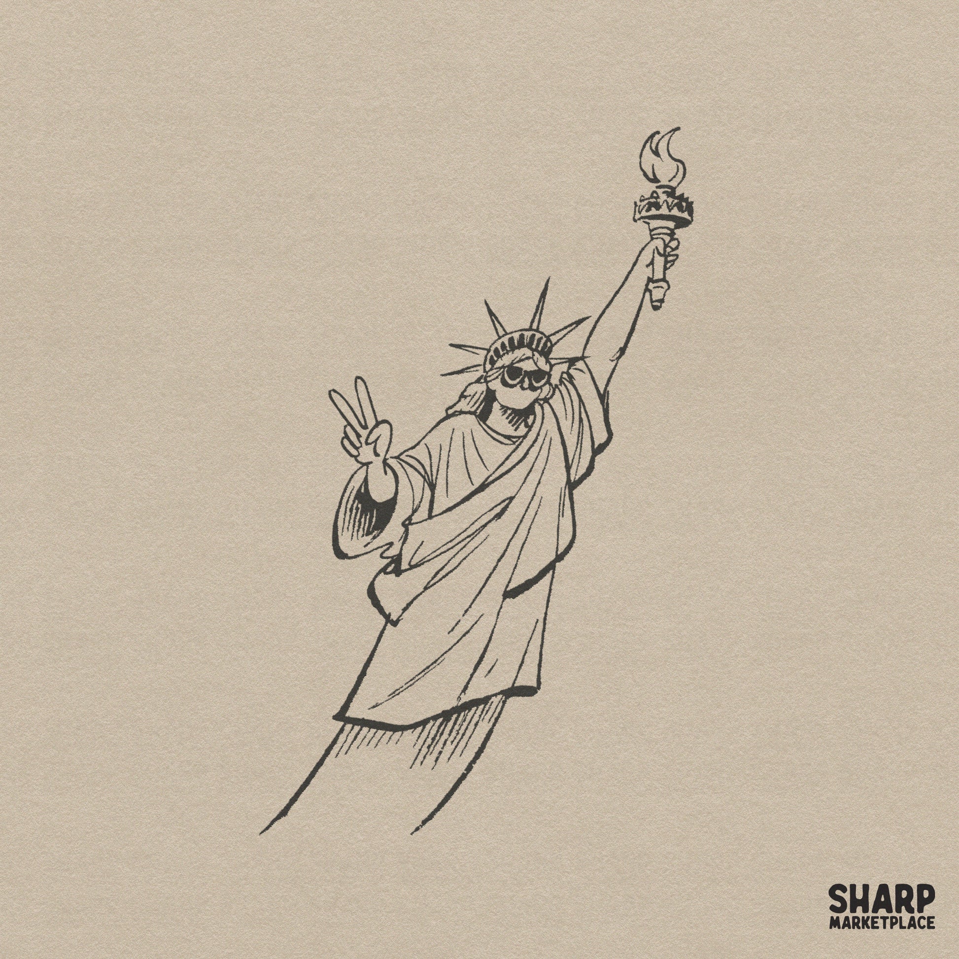 Vintage black and white line art illustration of a famous American monument wearing sunglasses and making a peace sign gesture with a torch.
