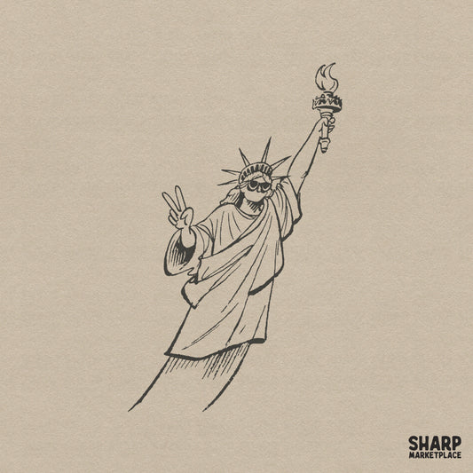 Vintage black and white line art illustration of a famous American monument wearing sunglasses and making a peace sign gesture with a torch.