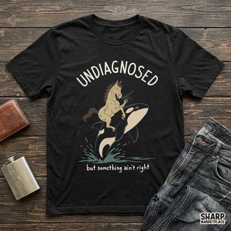 Funny weirdcore meme design of an orca riding a horse with a gun for sarcastic t-shirt prints and digital PNG downloads