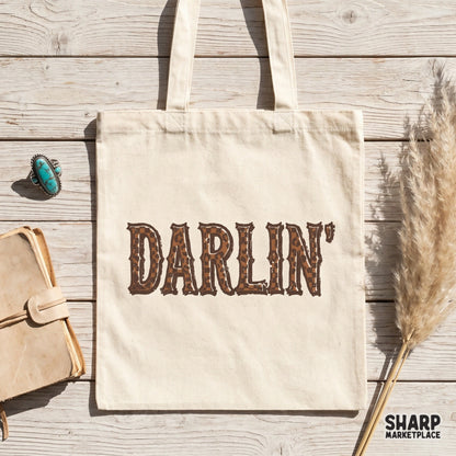 Rustic Darlin typography design with a vintage leopard print texture, ideal for creating boutique-style western apparel and DIY gifts.