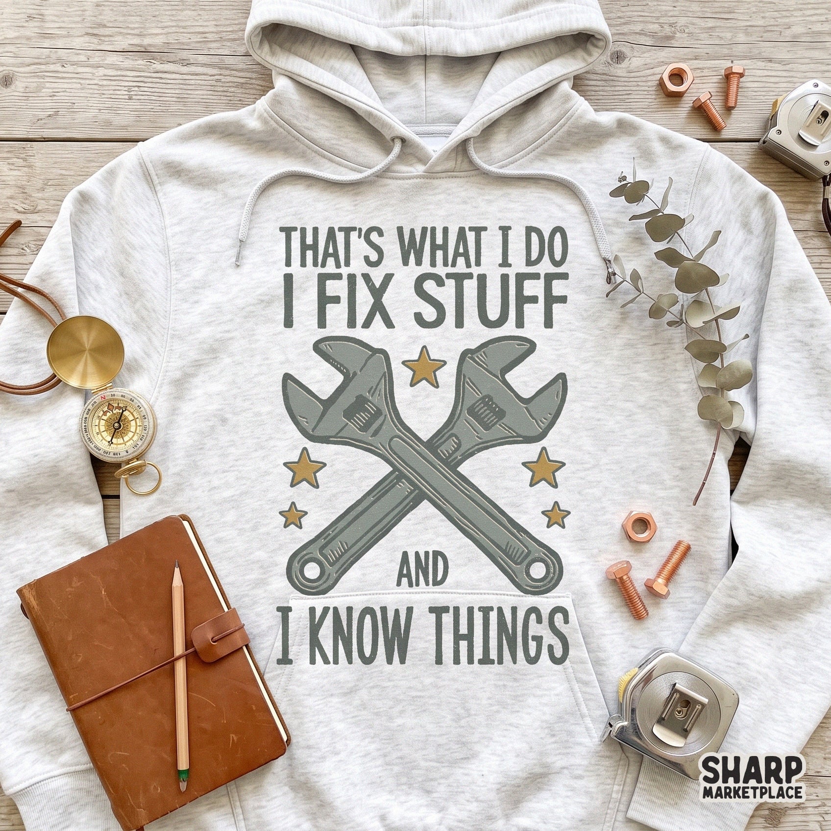 Sarcastic retro Fathers Day PNG for t-shirts featuring I Fix Stuff and I Know Things mechanic gift design