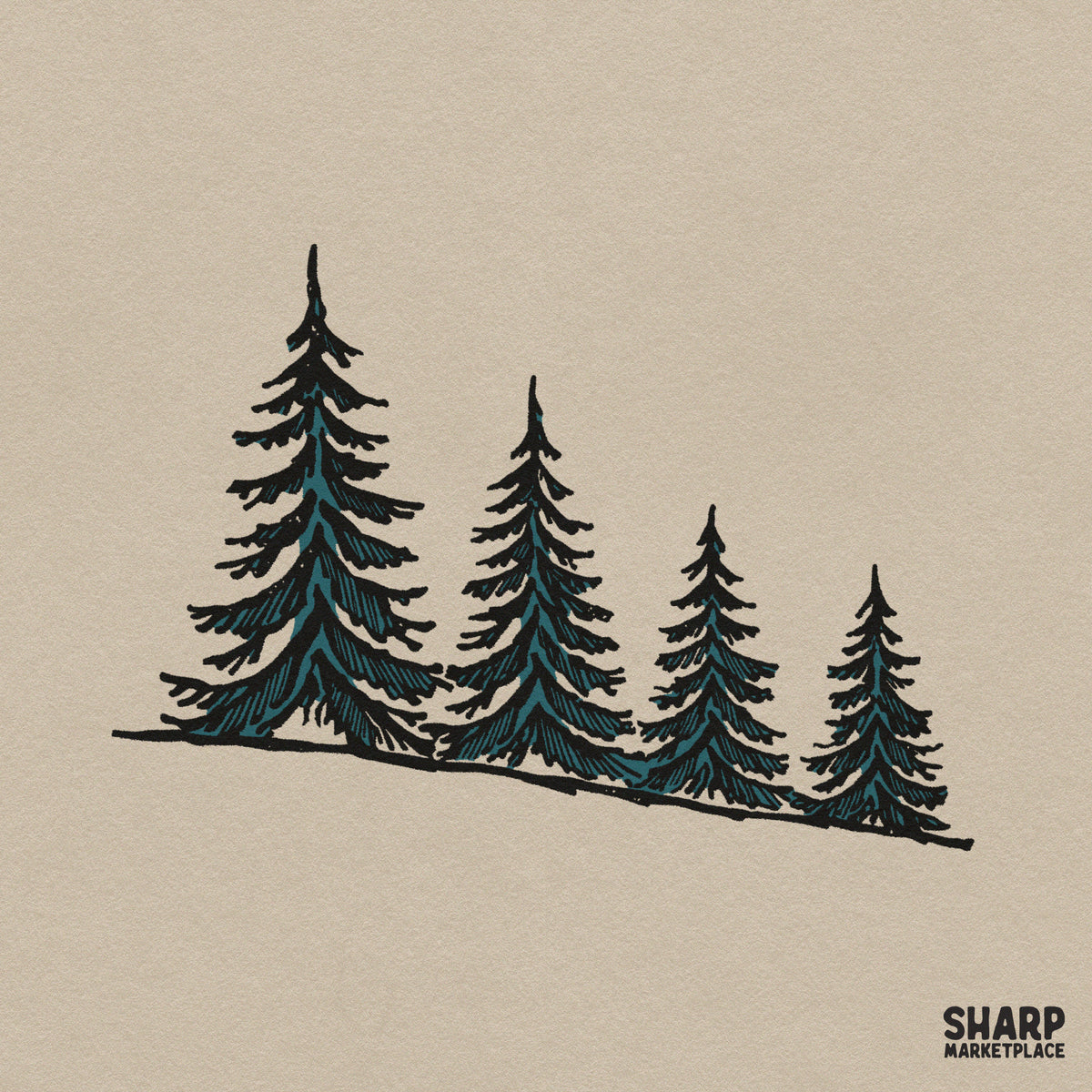 Four pine trees on a mountain slope in a minimalist rustic nature graphic design for t-shirt sublimation