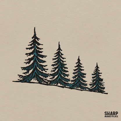 Four pine trees on a mountain slope in a minimalist rustic nature graphic design for t-shirt sublimation