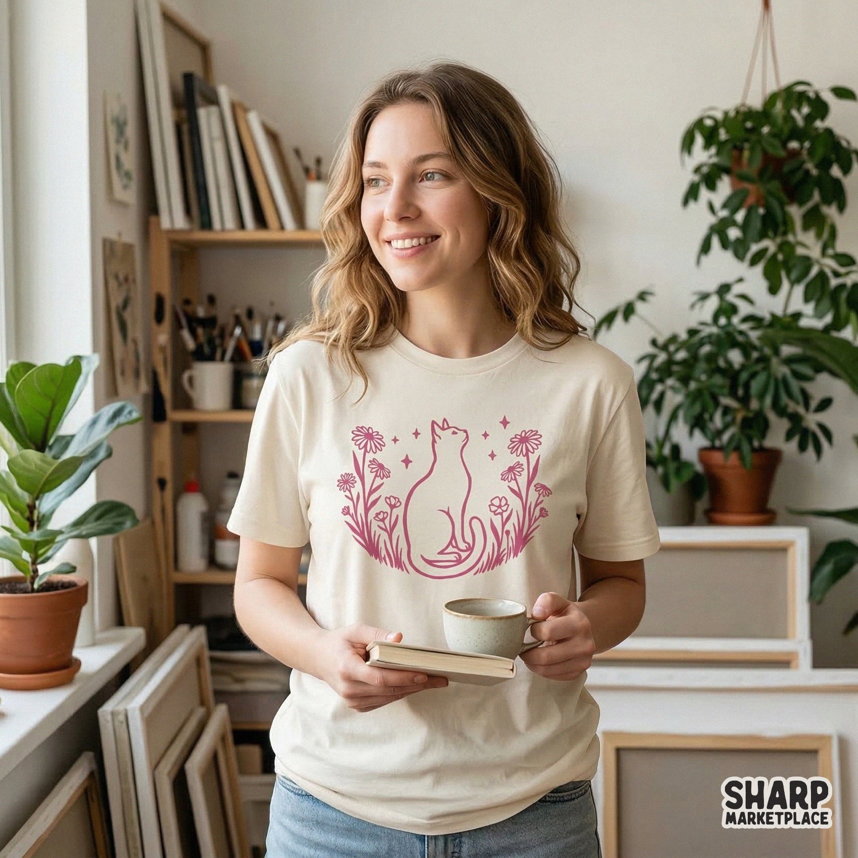 Minimalist pink digital design of a cat sitting in a wildflower garden, suitable for DIY stickers, tumblers, and personalized apparel transfers.