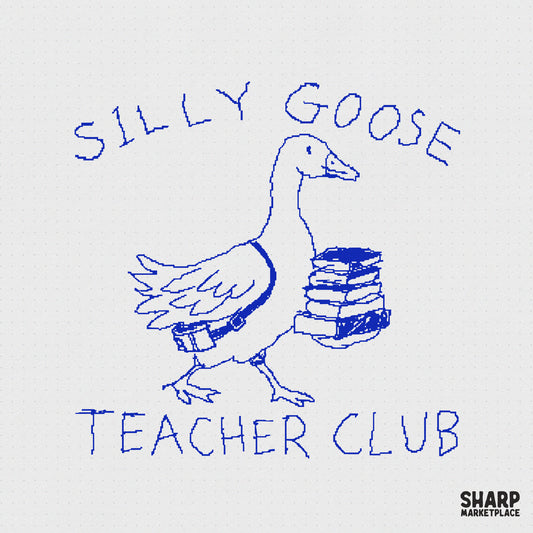 Digital design featuring a hand-drawn blue goose carrying a stack of books with the text Silly Goose Teacher Club in a retro, pixelated marker style.