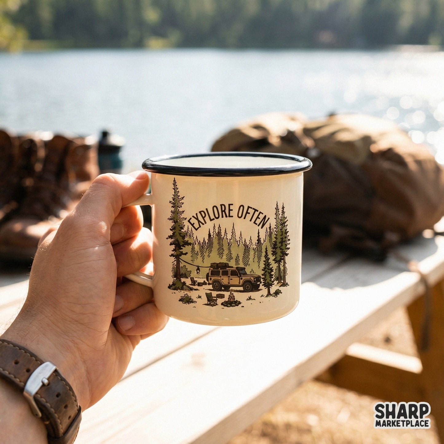 Hand-drawn forest road trip design with Explore Often quote, suitable for outdoor-themed stickers, printable wall art, and custom apparel.