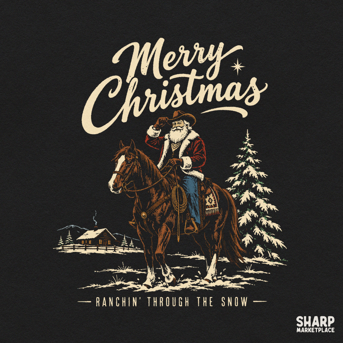 Vintage western cowboy Santa riding a horse in the snow for retro country Christmas apparel PNG designs