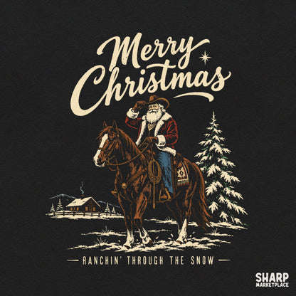 Vintage western cowboy Santa riding a horse in the snow for retro country Christmas apparel PNG designs