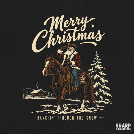 Vintage western cowboy Santa riding a horse in the snow for retro country Christmas apparel PNG designs