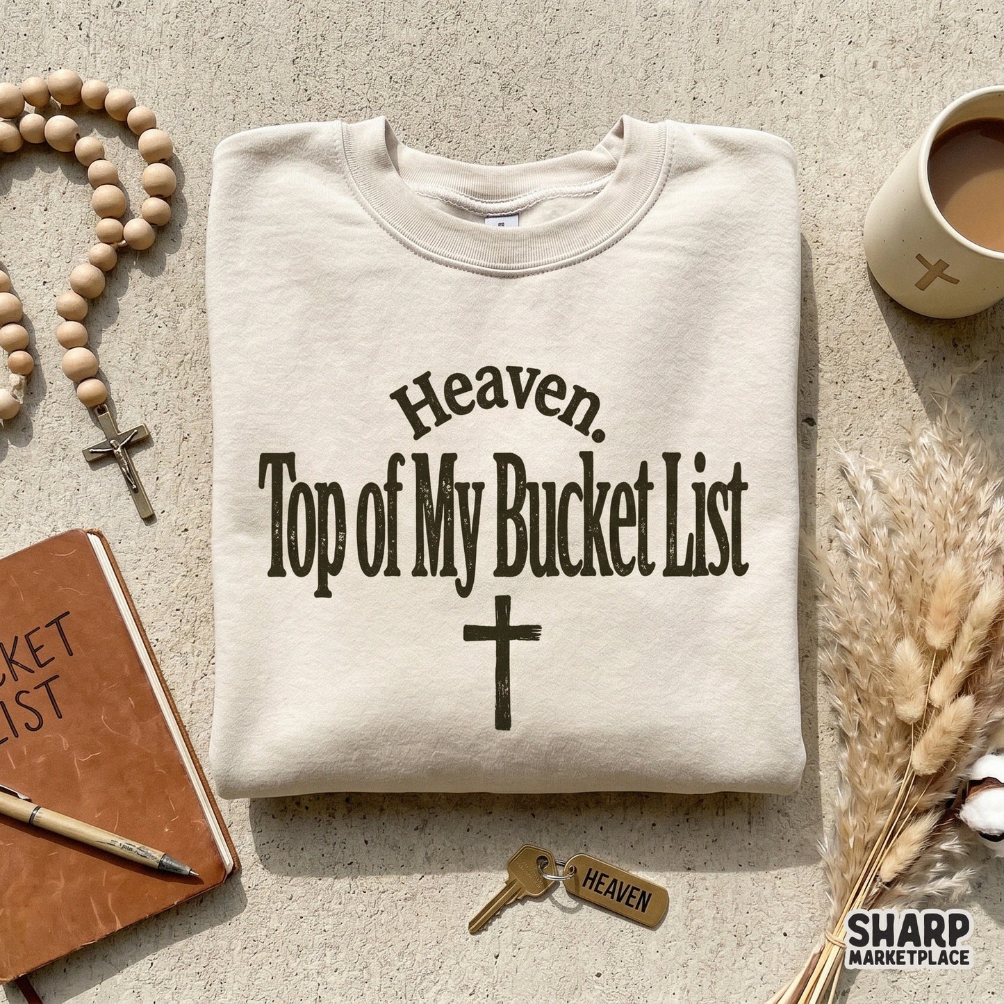 Distressed serif font design reading Heaven Top of My Bucket List with a centered cross, perfect for religious stickers, tumblers, and DIY gifts.
