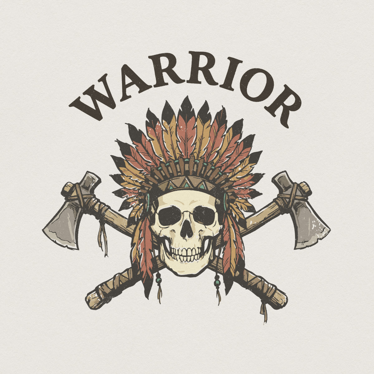 Vintage tribal warrior skull design with a colorful feather headdress and crossed tomahawks, featuring the word WARRIOR in a weathered serif font.