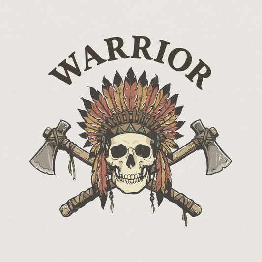 Vintage tribal warrior skull design with a colorful feather headdress and crossed tomahawks, featuring the word WARRIOR in a weathered serif font.