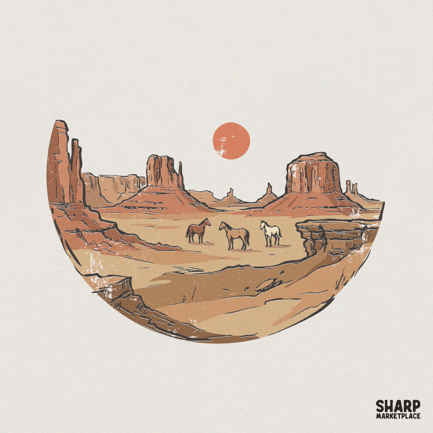 Desert Horses PNG, Wild West Landscape PNG - 300 DPI Design for T-Shirt