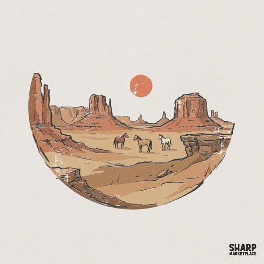 Desert Horses PNG, Wild West Landscape PNG - 300 DPI Design for T-Shirt