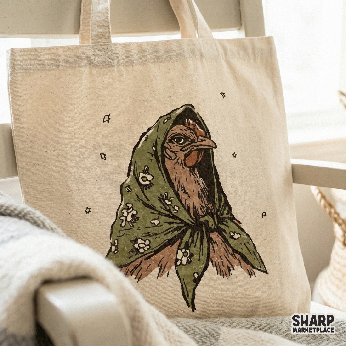 Digital artwork of a chicken in a green headscarf with floral patterns and whimsical stars, shown as a printable graphic for shirts and sublimation.