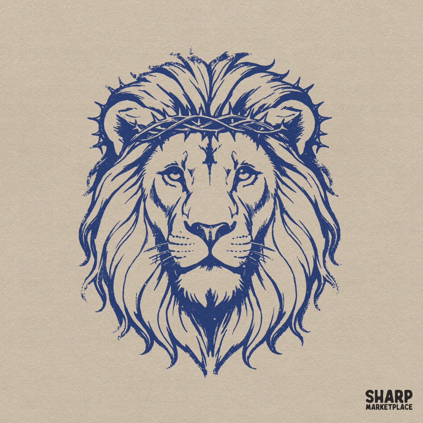 Detailed blue line art of a majestic lion wearing a crown of thorns, perfect for Christian apparel, sublimation, and faith-based DIY projects.