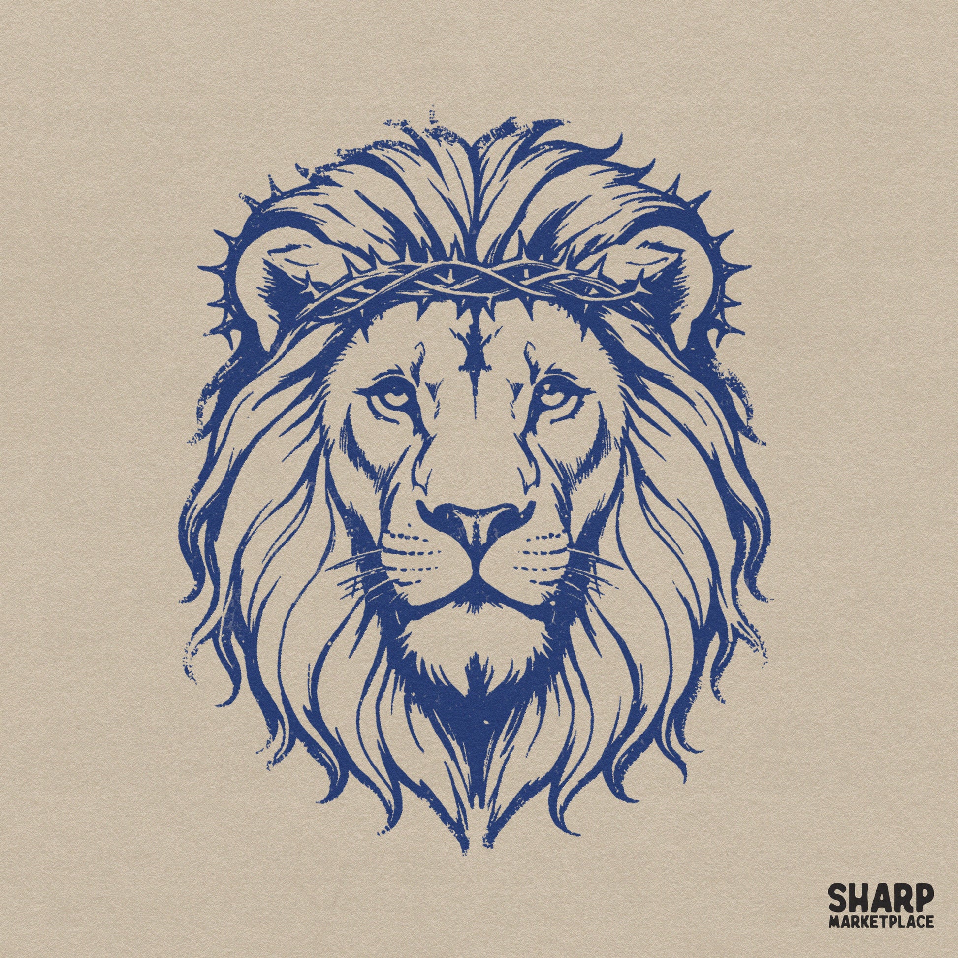 Detailed blue line art of a majestic lion wearing a crown of thorns, perfect for Christian apparel, sublimation, and faith-based DIY projects.