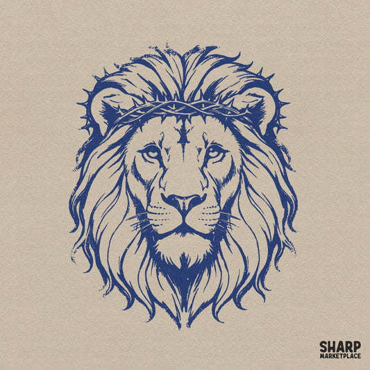 Detailed blue line art of a majestic lion wearing a crown of thorns, perfect for Christian apparel, sublimation, and faith-based DIY projects.