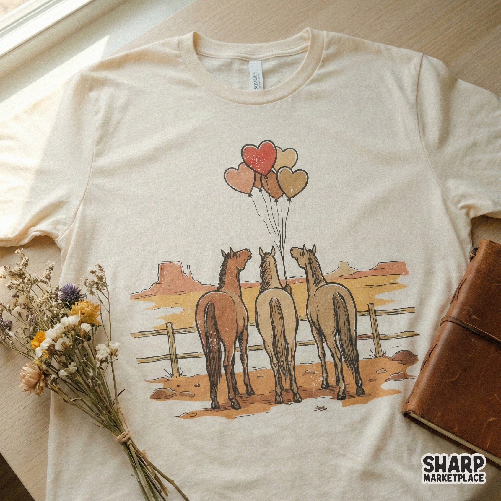 Western Horses With Heart Balloons PNG, Cute Cowboy Decor - 300 DPI