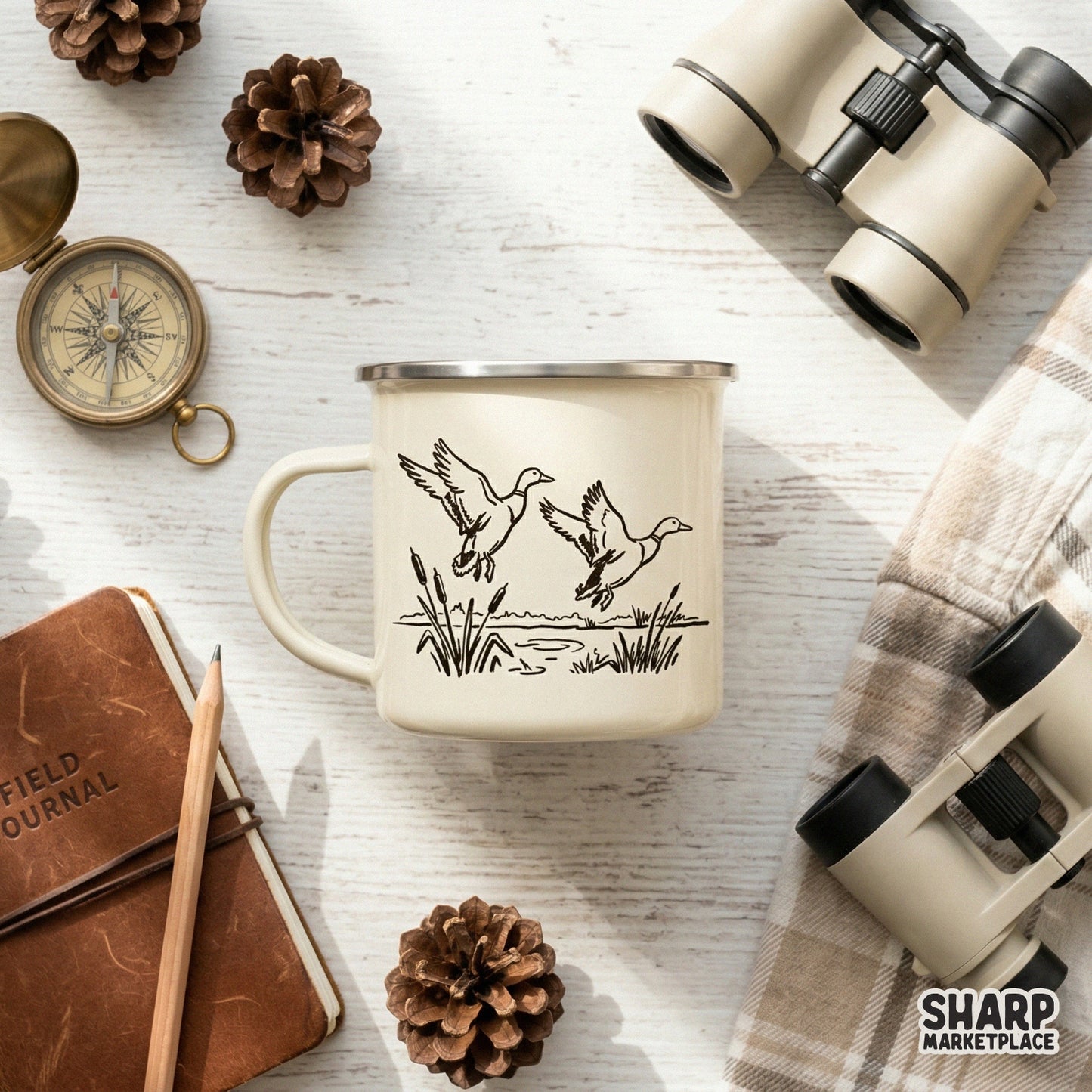 Rustic marshland scene with flying ducks and reeds, perfect for laser engraving, sublimation, or custom graphic t-shirt designs.