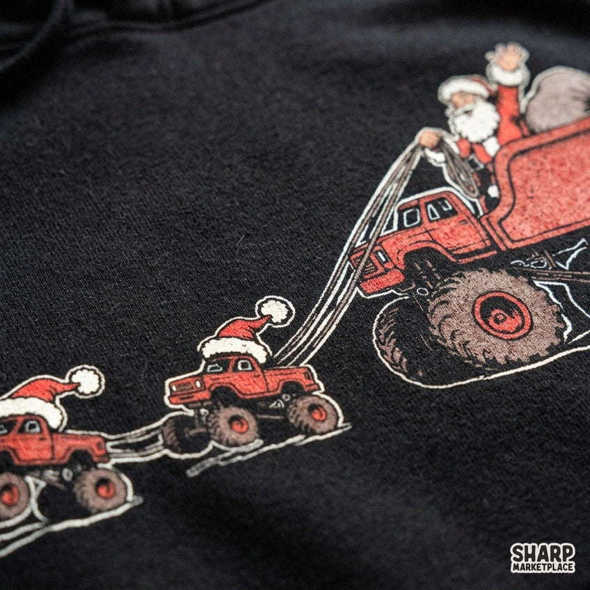 Santa driving a red monster truck sleigh Christmas PNG clipart for holiday shirts and sublimation crafts