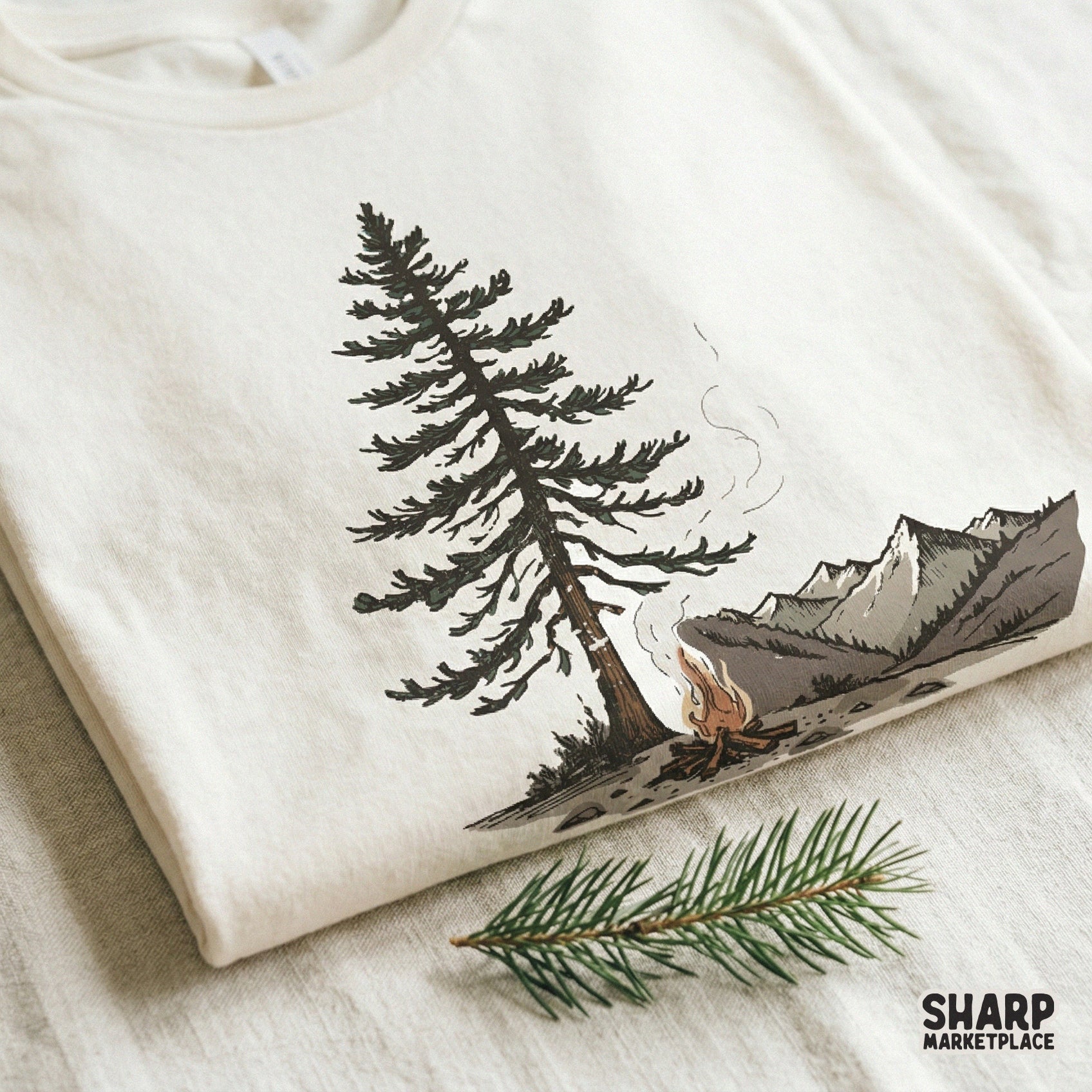 Detailed outdoor adventure PNG file with a campfire and pine tree, suitable for sublimation printing on hoodies, mugs, and DIY nature-inspired gifts.