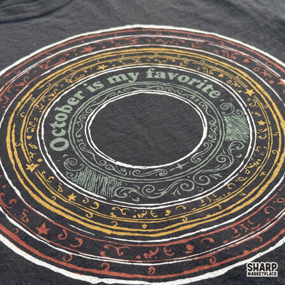Retro sun mandala fall graphic featuring October Is My Favorite phrase for Halloween apparel and sublimation PNG design