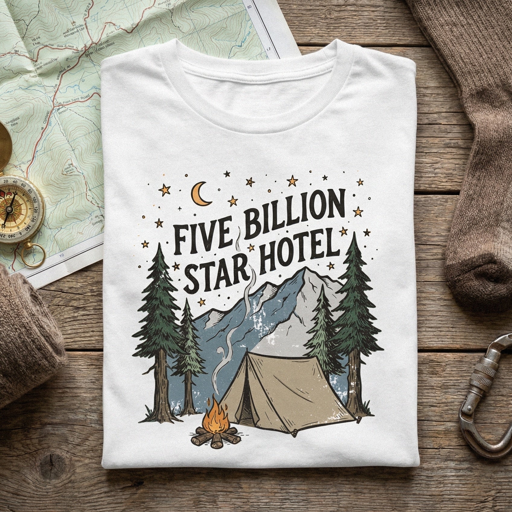 Rustic mountain and starry night camping design for digital download, suitable for sublimation transfers, posters, and personalized outdoor gear.