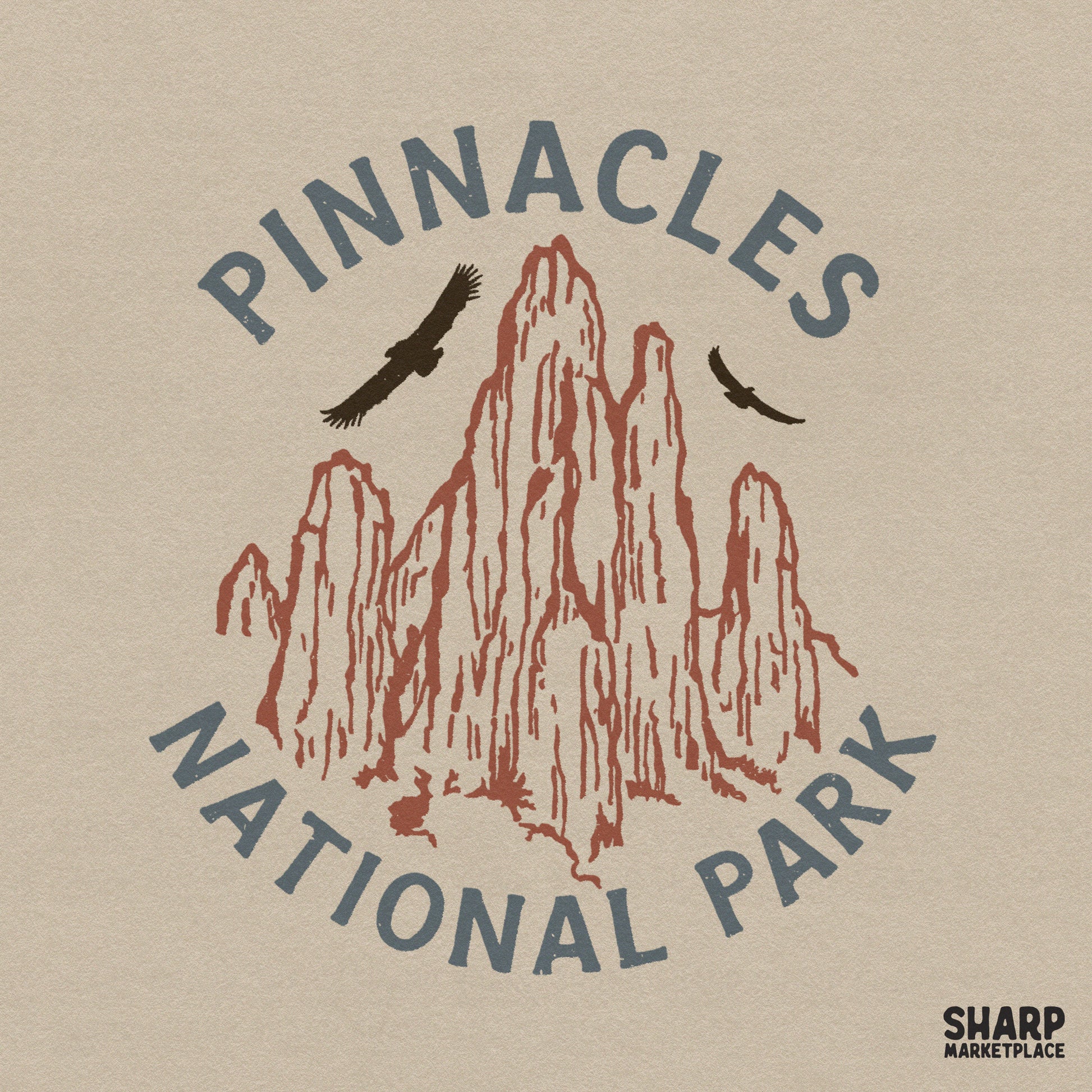 Vintage Pinnacles National Park condor graphic for retro camping shirts and outdoor hiking apparel designs