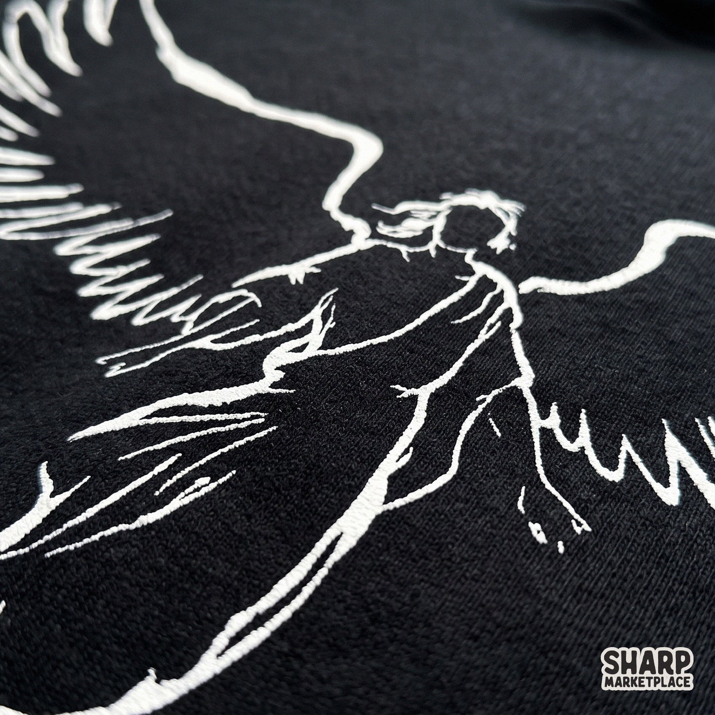Hand drawn guardian angel silhouette art with minimalist wings for christian faith t-shirt design