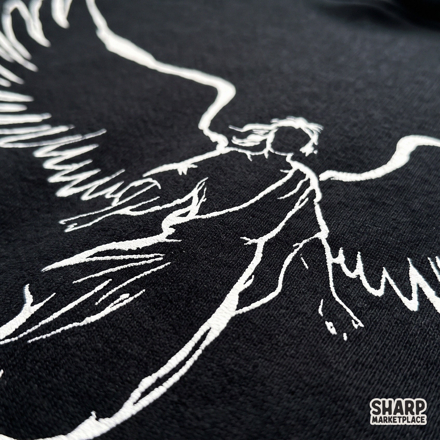 Hand drawn guardian angel silhouette art with minimalist wings for christian faith t-shirt design