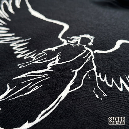 Hand drawn guardian angel silhouette art with minimalist wings for christian faith t-shirt design