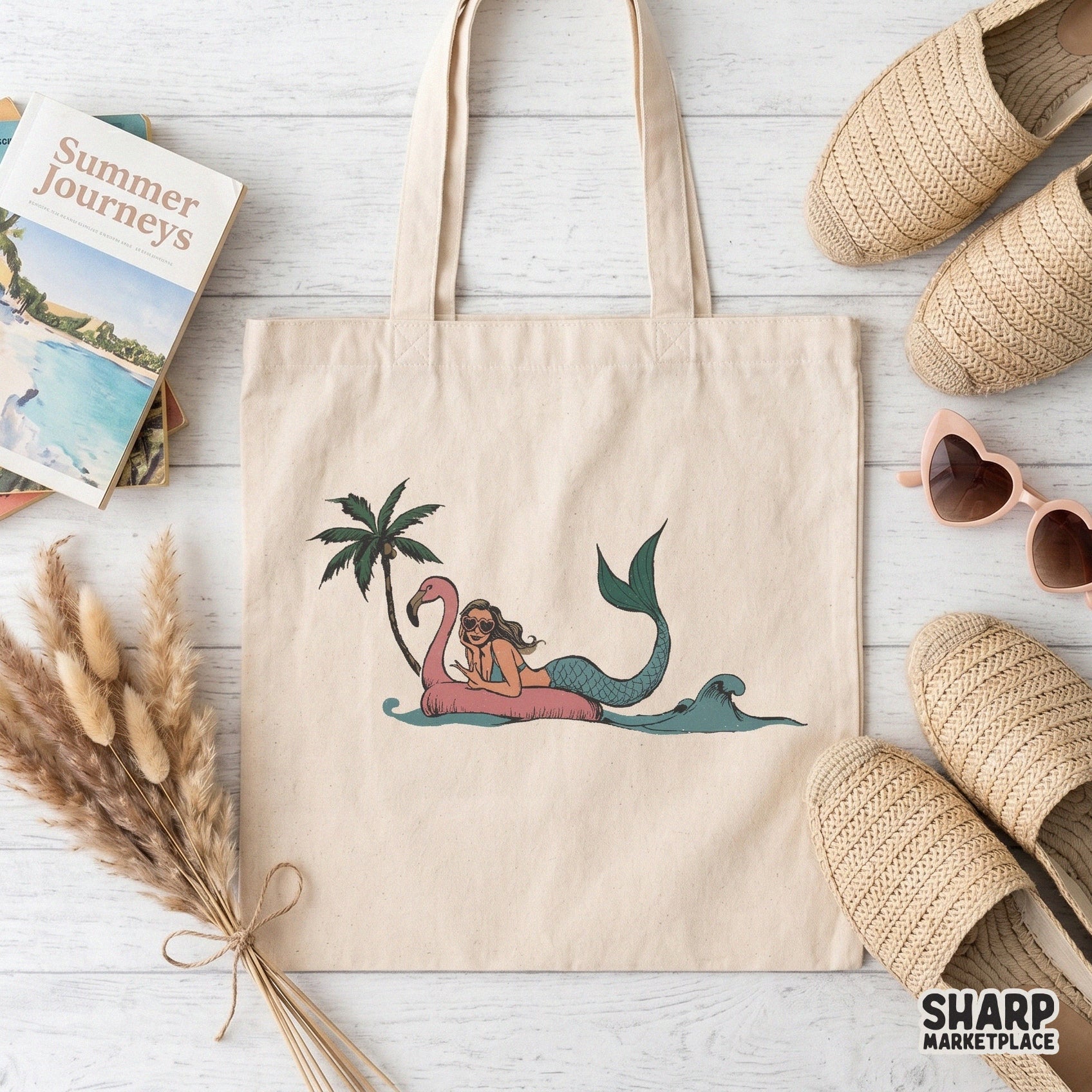 Retro tropical mermaid on a flamingo pool float summer png design for girls trip shirts