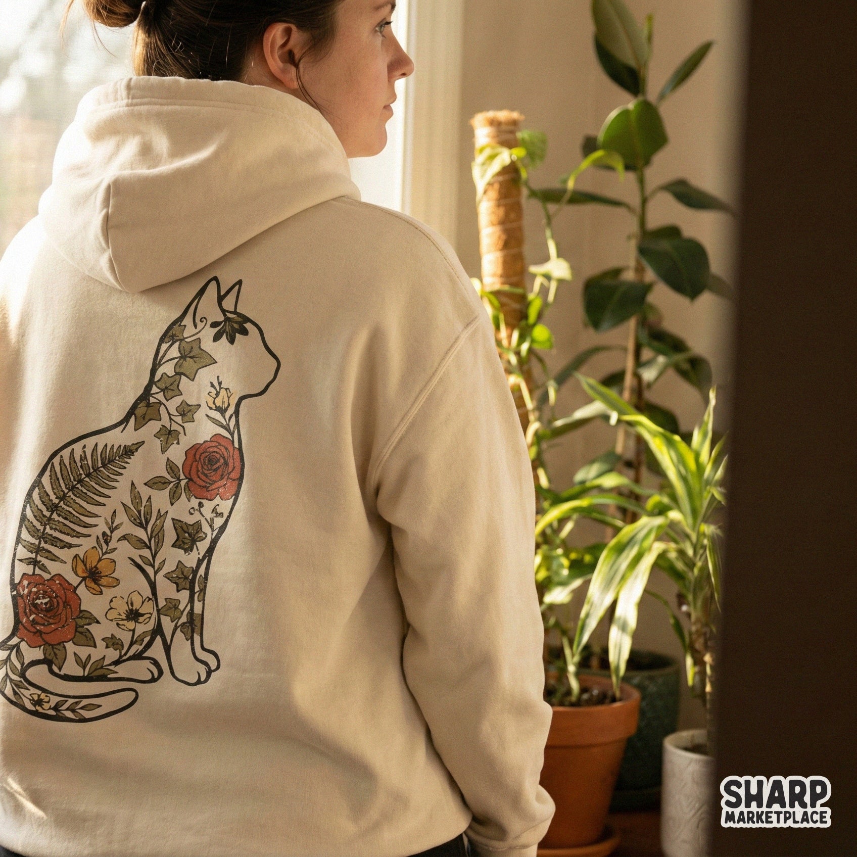 Floral Cat Silhouette PNG Design, Vintage Botanical Cat Art - 300 DPI