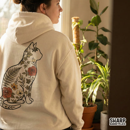 Floral Cat Silhouette PNG Design, Vintage Botanical Cat Art - 300 DPI