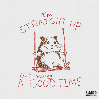 Hand-drawn doodle of a sad hamster sitting on a swing with the text I'm straight up not having a good time, in maroon and brown on a grid background.