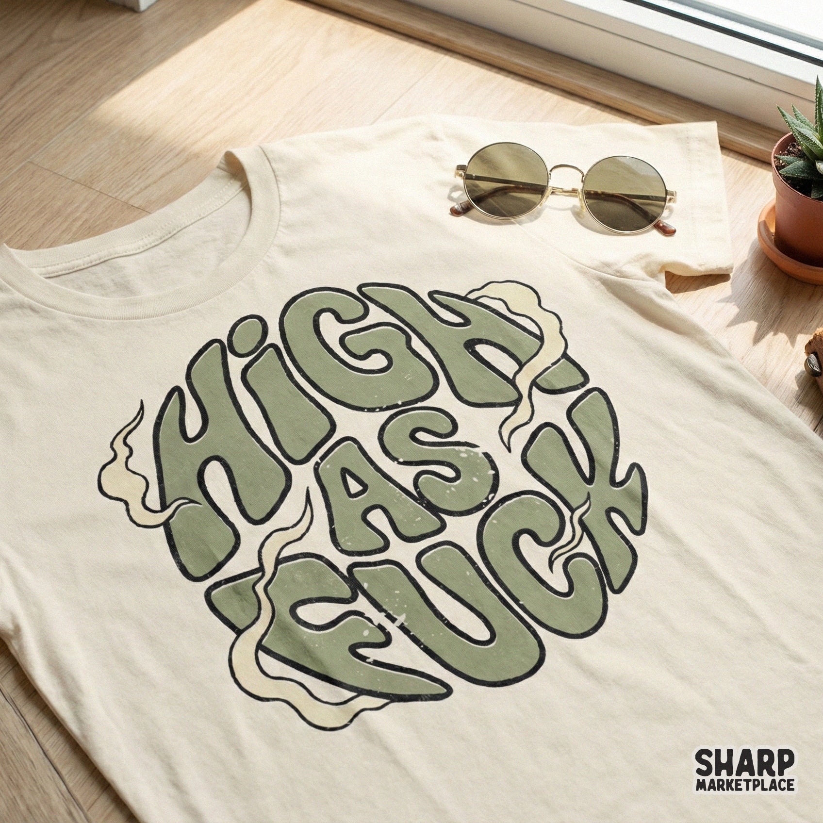 Distressed vintage-style graphic featuring the phrase High As Fuck in groovy green lettering, ideal for sublimation on t-shirts or tumblers.