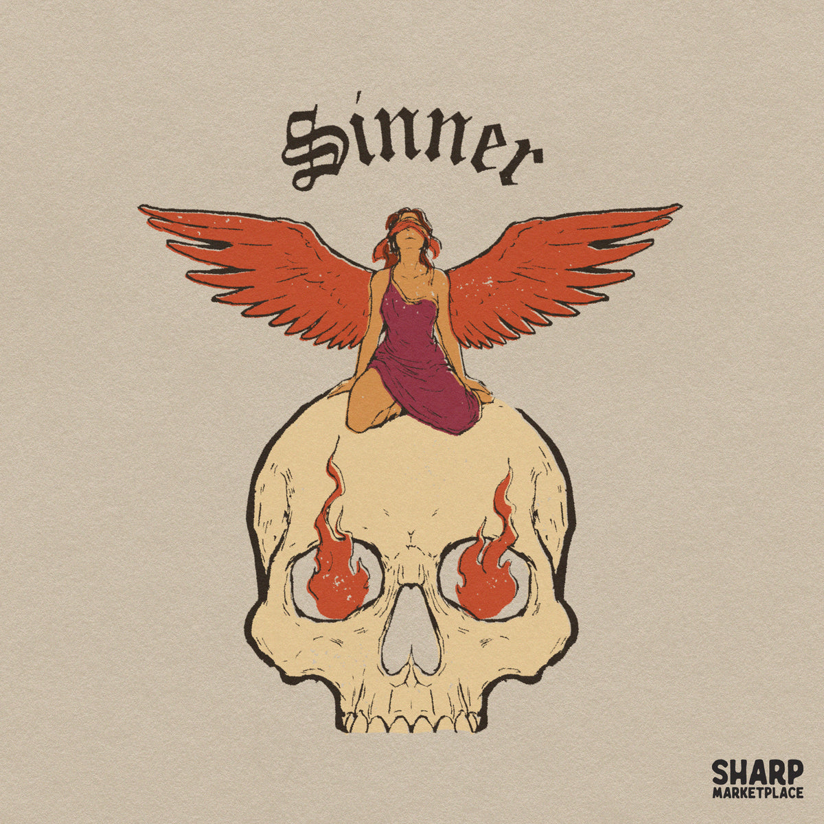 Sinner Gothic Blindfolded Angel Flaming Skull Shirt PNG