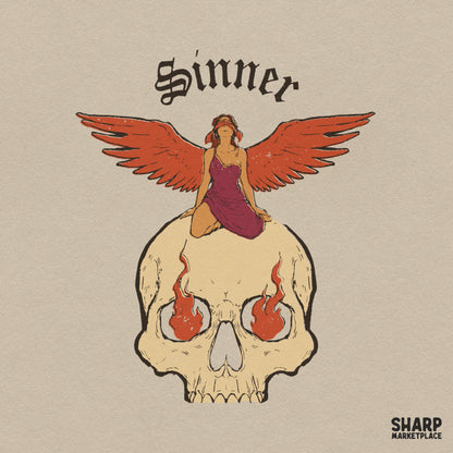 Sinner Gothic Blindfolded Angel Flaming Skull Shirt PNG