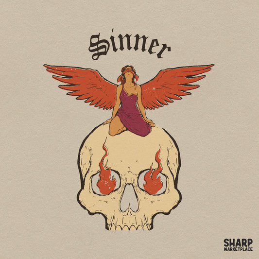 Sinner Gothic Blindfolded Angel Flaming Skull Shirt PNG