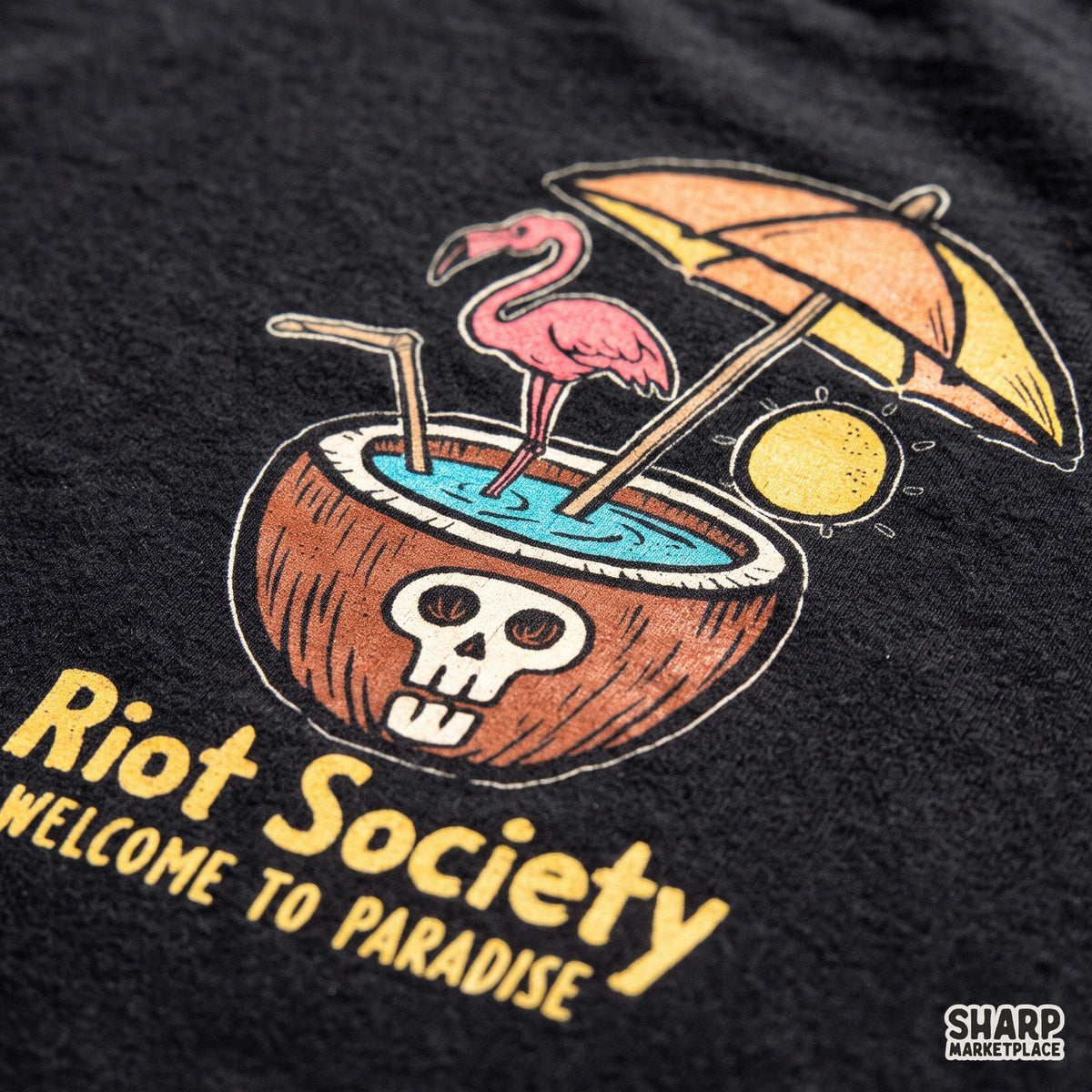 Trendy flamingo summer PNG graphic featuring a retro tropical coconut drink skull design for beach t-shirts