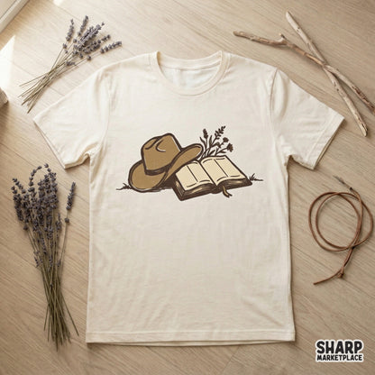 Vintage style western graphic with a cowboy hat and open book, ideal for custom t-shirt prints, stickers, and prairie-themed DIY projects.