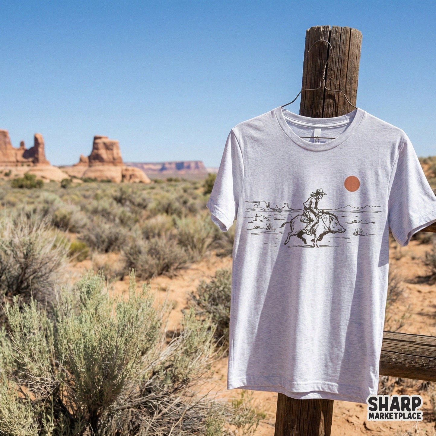 Funny Cowboy Riding Boar PNG Design, Vintage Western Desert Digital