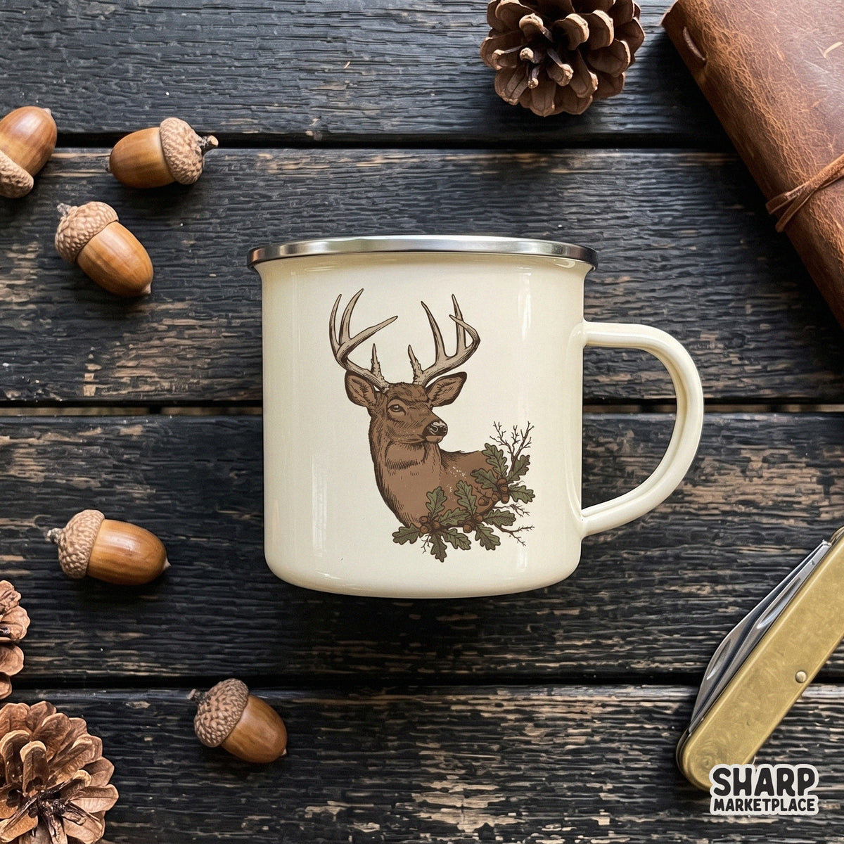 Vintage buck deer head with oak leaves and acorns fall sublimation PNG design for hunting shirts and decor
