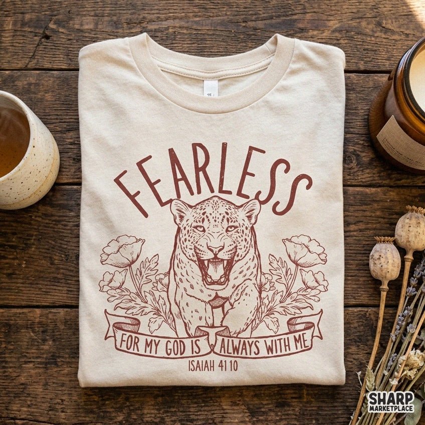 Fearless floral leopard print Christian faith PNG sublimation design featuring Isaiah 41 10 Bible verse