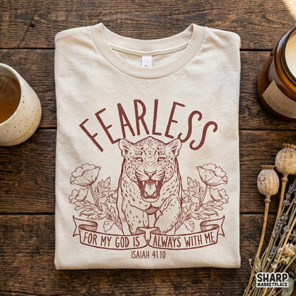 Fearless floral leopard print Christian faith PNG sublimation design featuring Isaiah 41 10 Bible verse