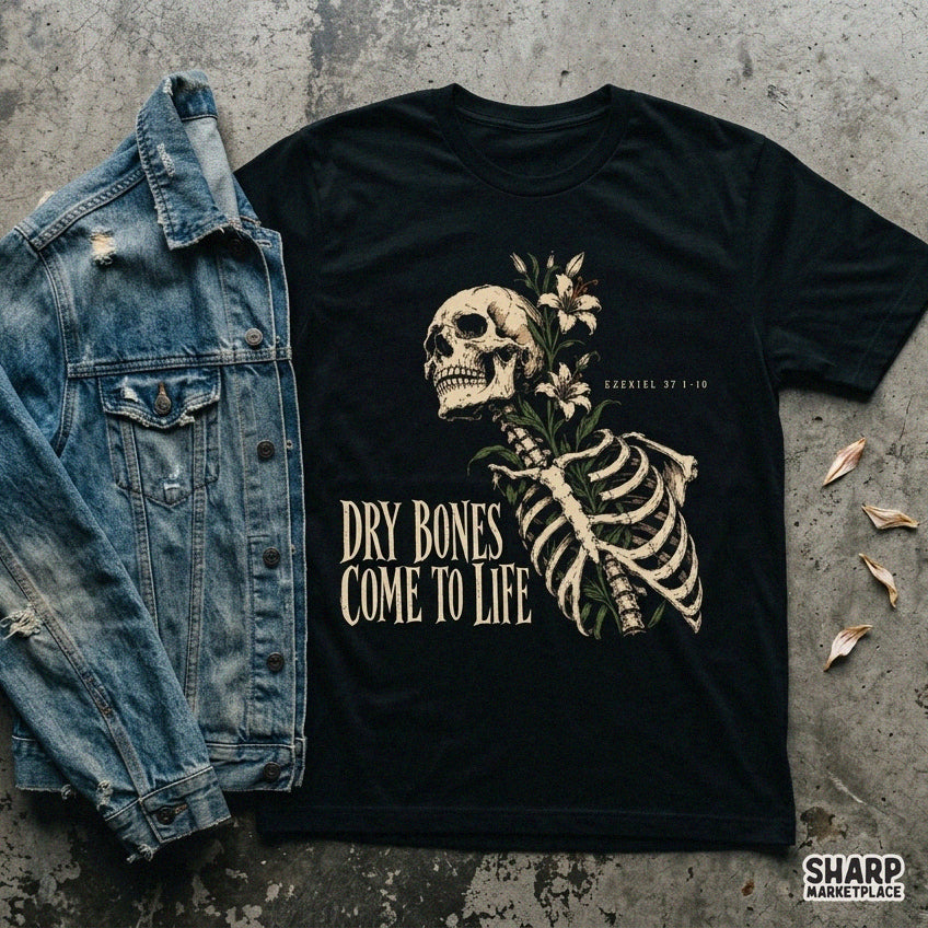 Floral skeleton dry bones Ezekiel 37 Bible verse Christian PNG graphic design for Halloween shirts and faith apparel